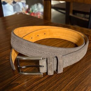 Men's Gray Suede Leather Belt with Polished Metal Buckle